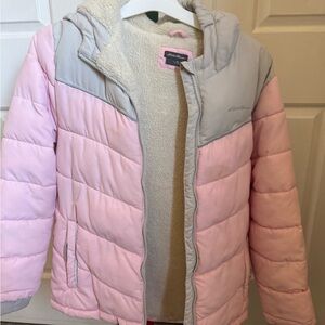 Lands' End Girls' Pink & Gray Puffer Jacket with Sherpa Lining